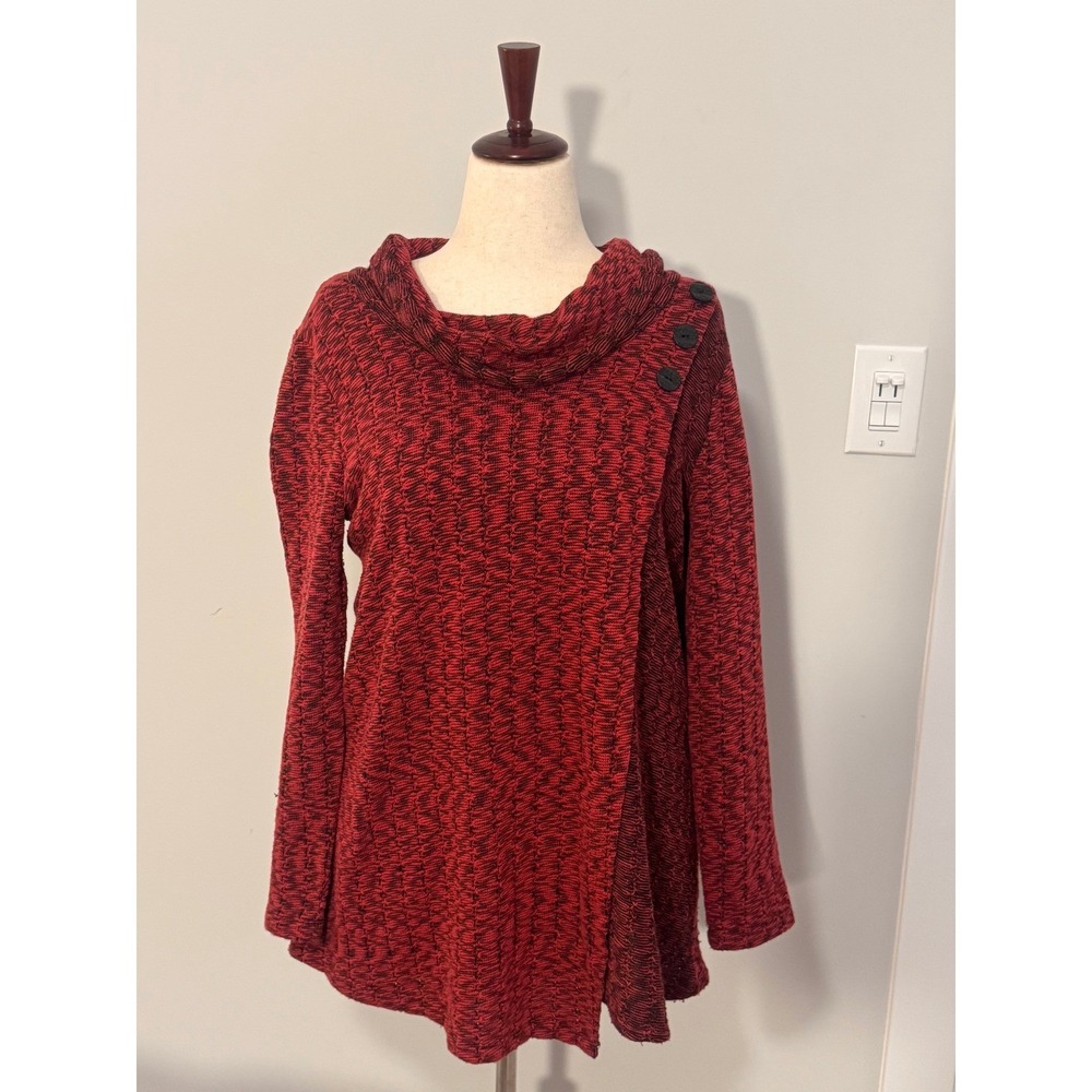 HABITAT | Button Cowl Neck Tunic Women Small Red Black Knit Space Dye Sweater
